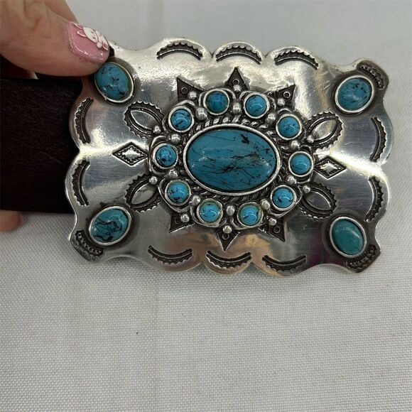 GUESS Woman's Brown Leather Belt w/ Turquoise Buckle Size Large Western Vintage - Picture 6 of 16